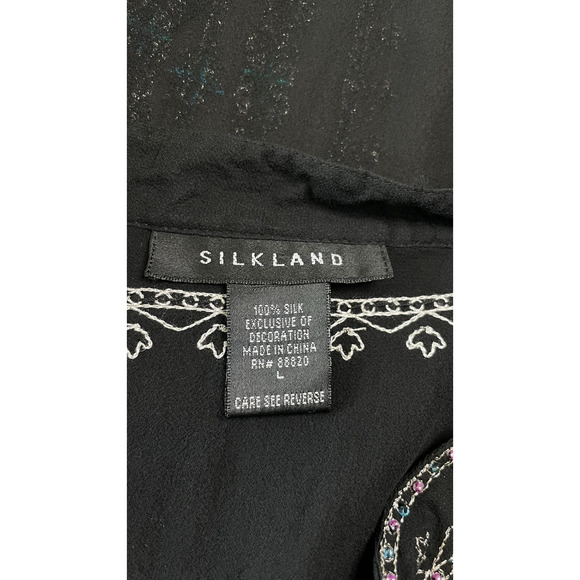 Silkland 100% Silk Black L Embroidered Beaded Sequined Blouse Sheer Rainbow - Picture 10 of 15